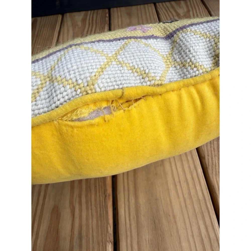Vintage MCM Needlepoint Tapestry Throw Pillow Daisies Butterflies yellow BOHO